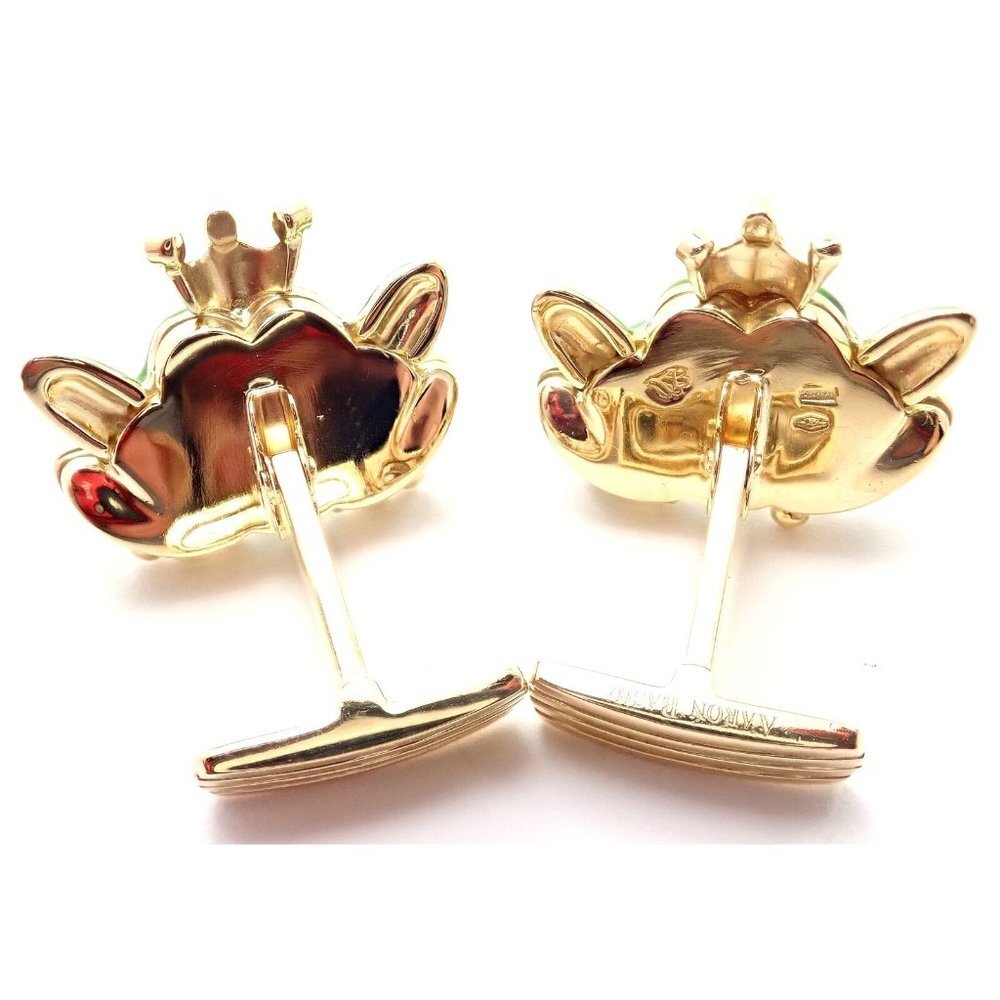 Authentic! Aaron Basha 18k Yellow Gold Diamond Enamel Frog Prince Cufflinks - Picture 5 of 7